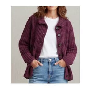 Vintage Handmade Plum Chunky Ribbed Knit Collared Cardigan Sweater